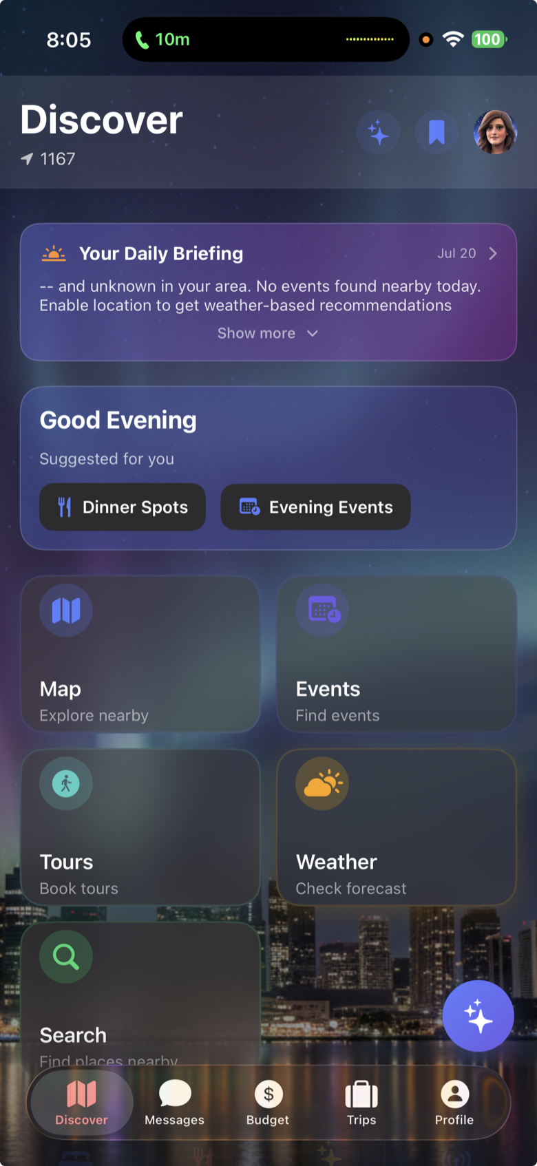 WanderLink travel planner app showing the Discover home with daily briefing, suggestions, and quick actions