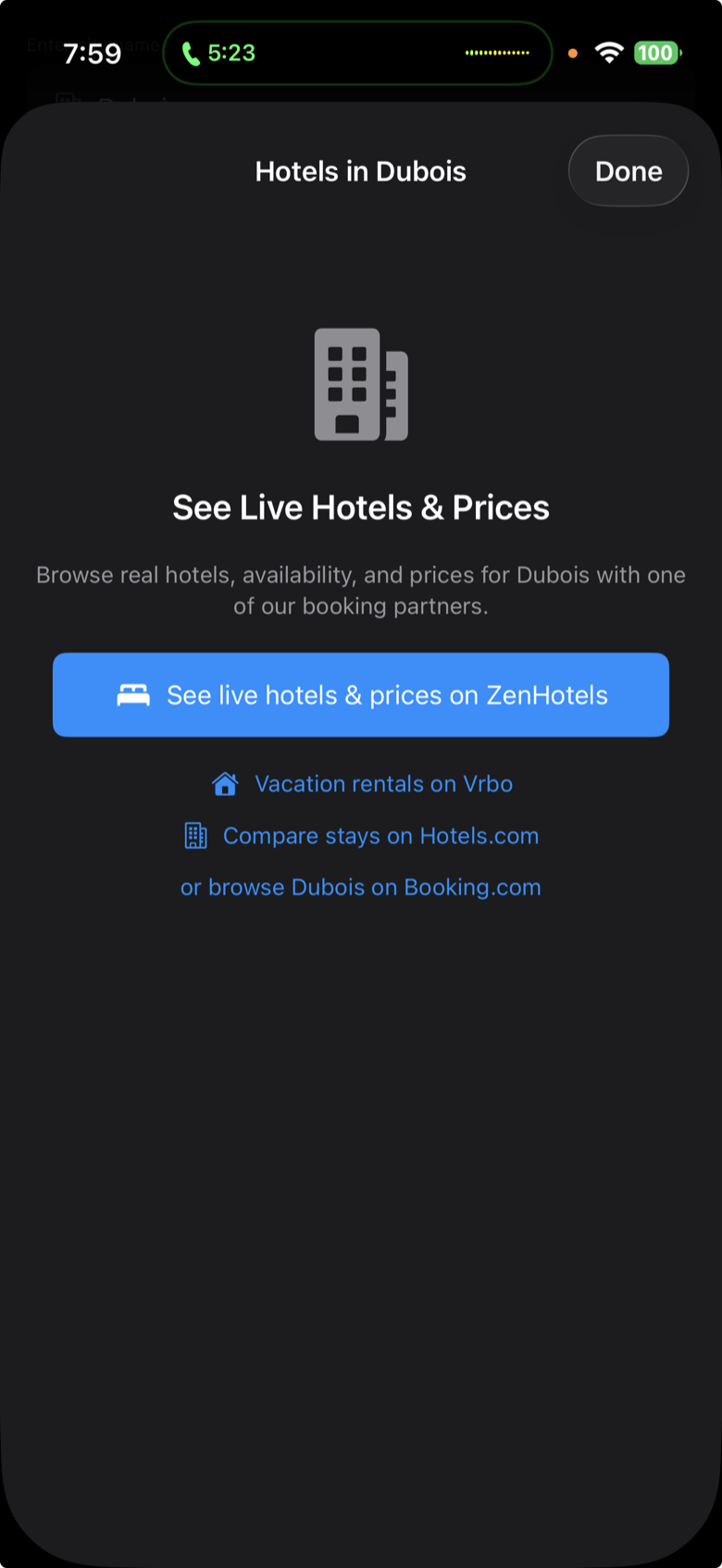 WanderLink hotel booking screen with live availability search and one-tap booking partners